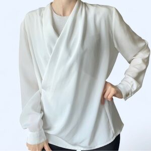 Vintage 90s Jac Dale White Blouse Wrap Detail Long Sleeve Boho Minimalist Work